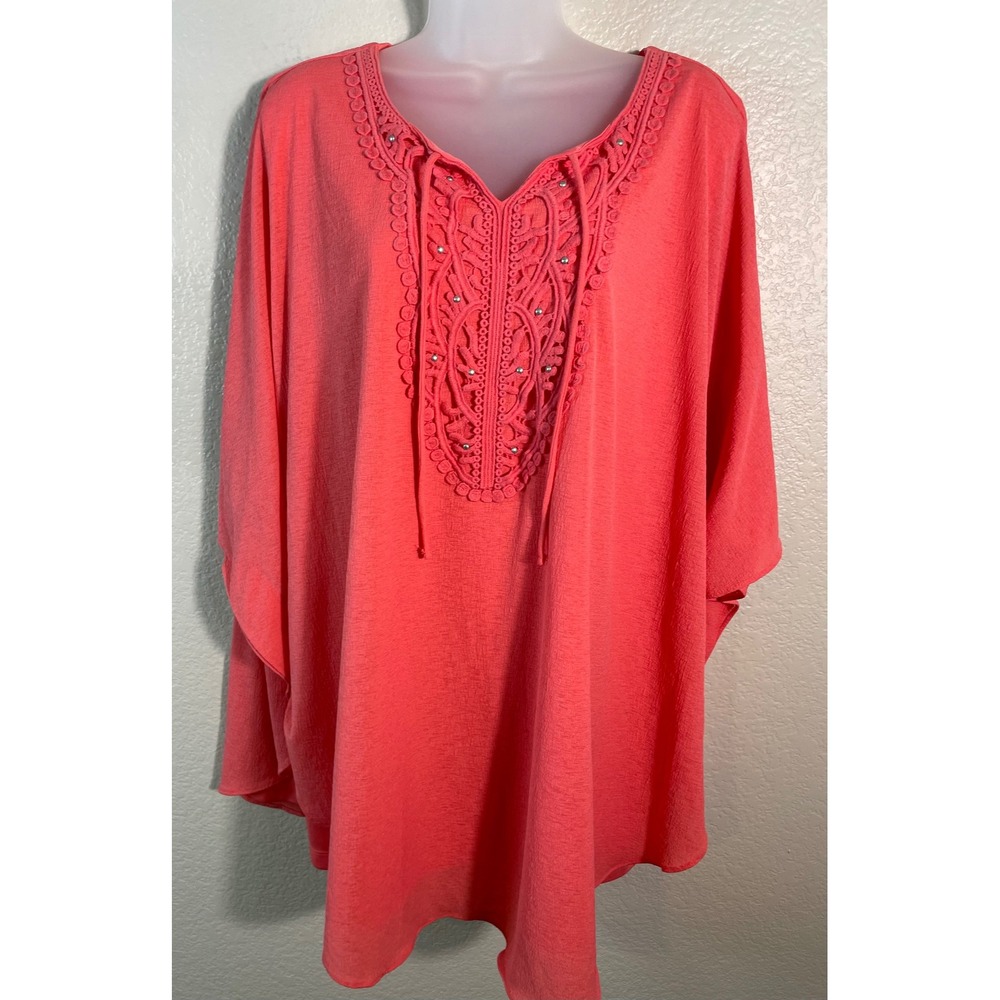 Catherines Womens 2X Poncho Top Coral Pink Crochet Lace Bib Kimono Sleeve Blouse